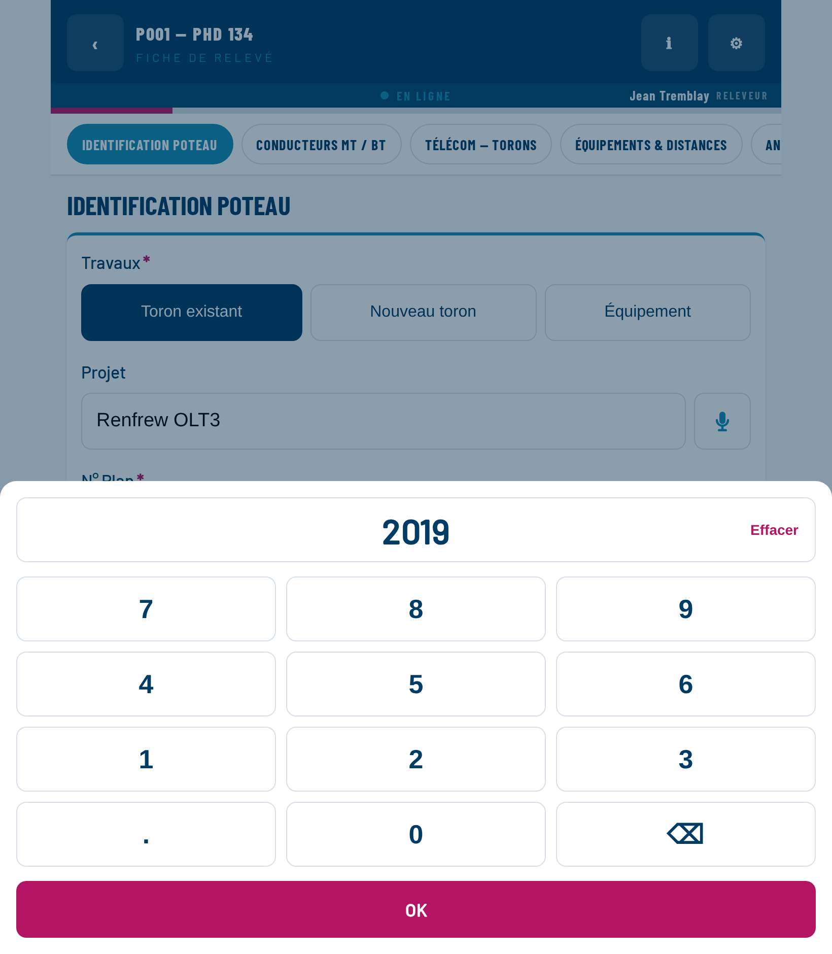 Le pavé numérique en pleine page : grand afficheur, touches 0 à 9, point décimal, effacement, bouton Effacer et bouton OK.