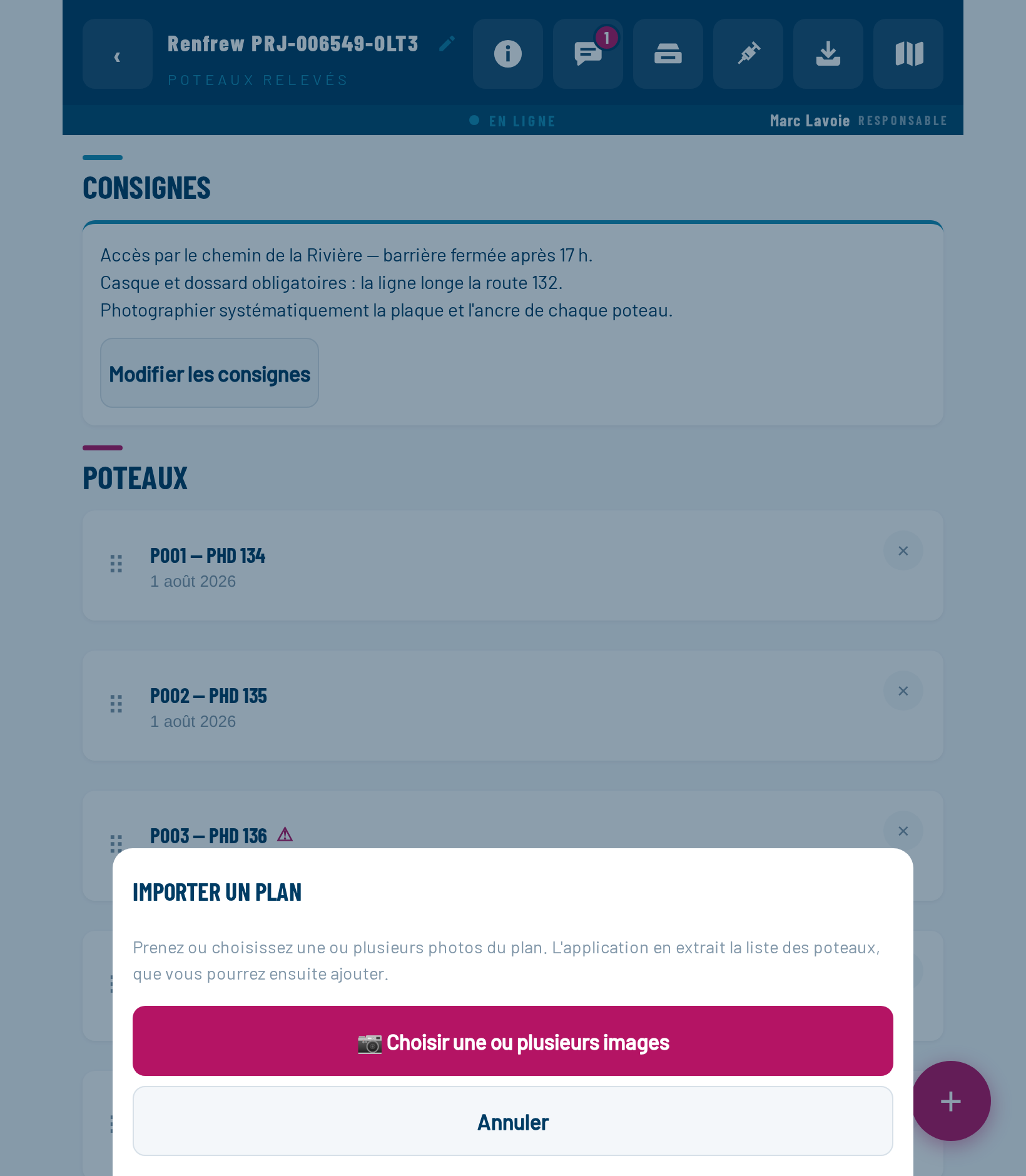 Fenêtre Importer un plan : explication, bouton « Choisir une ou plusieurs images » et bouton Annuler.