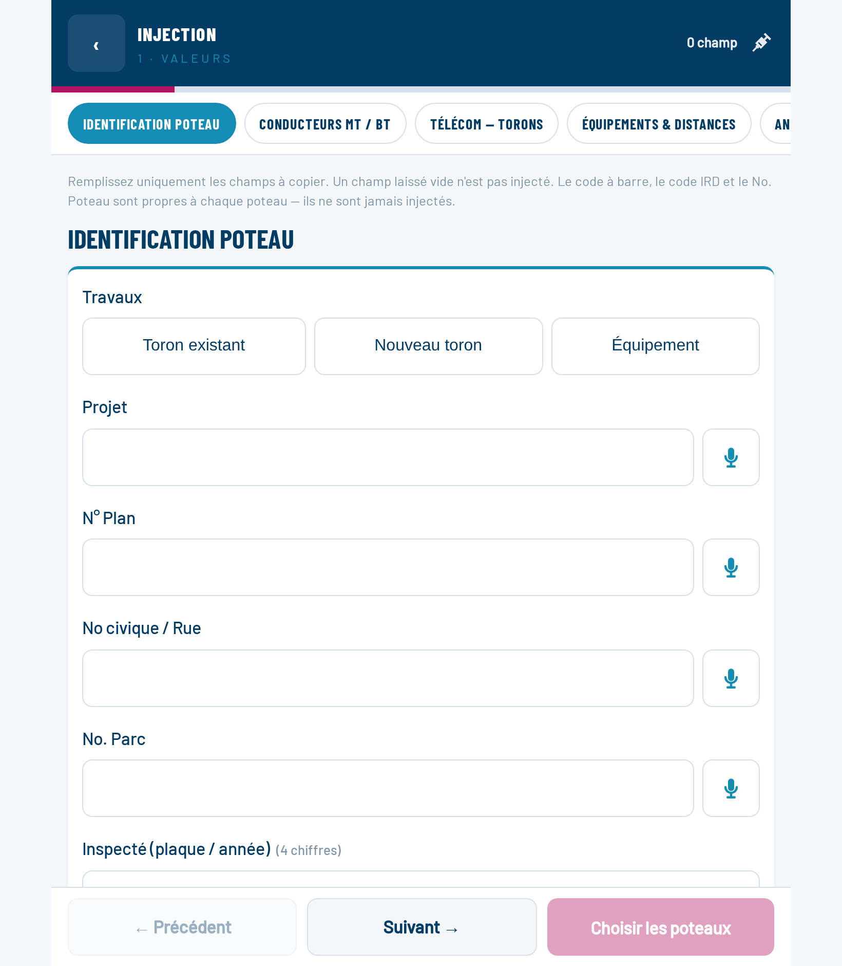 Étape 1 de l'injection : la fiche complète, avec le rappel que les champs laissés vides ne sont pas injectés, et le compteur de champs dans le bandeau.
