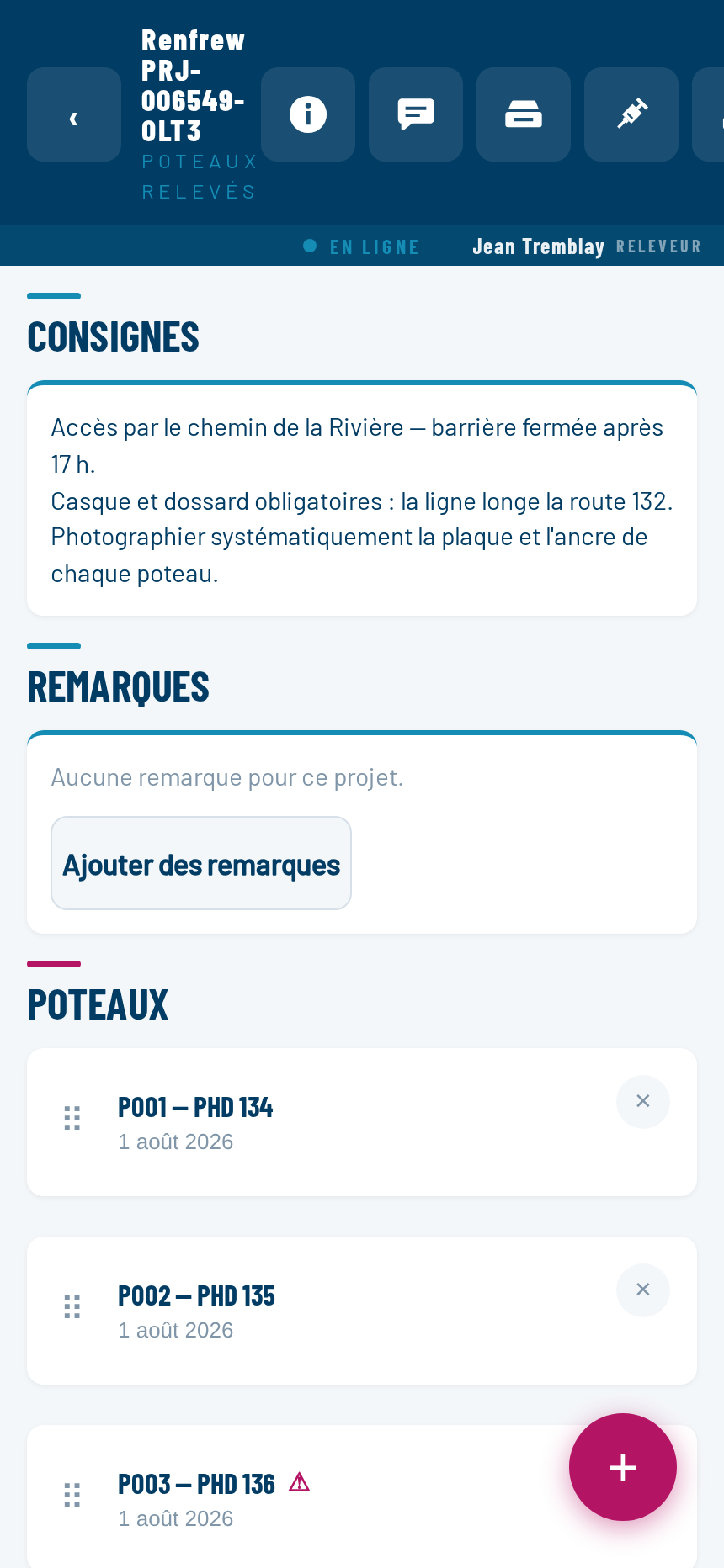 La liste des poteaux sur un écran de téléphone.
