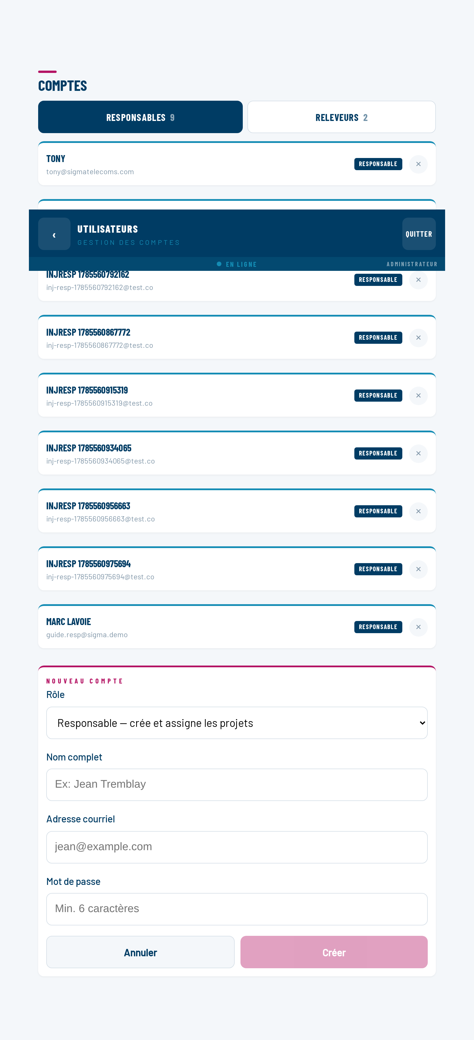 Le formulaire de création : menu Rôle, nom complet, adresse courriel, mot de passe, boutons Annuler et Créer.