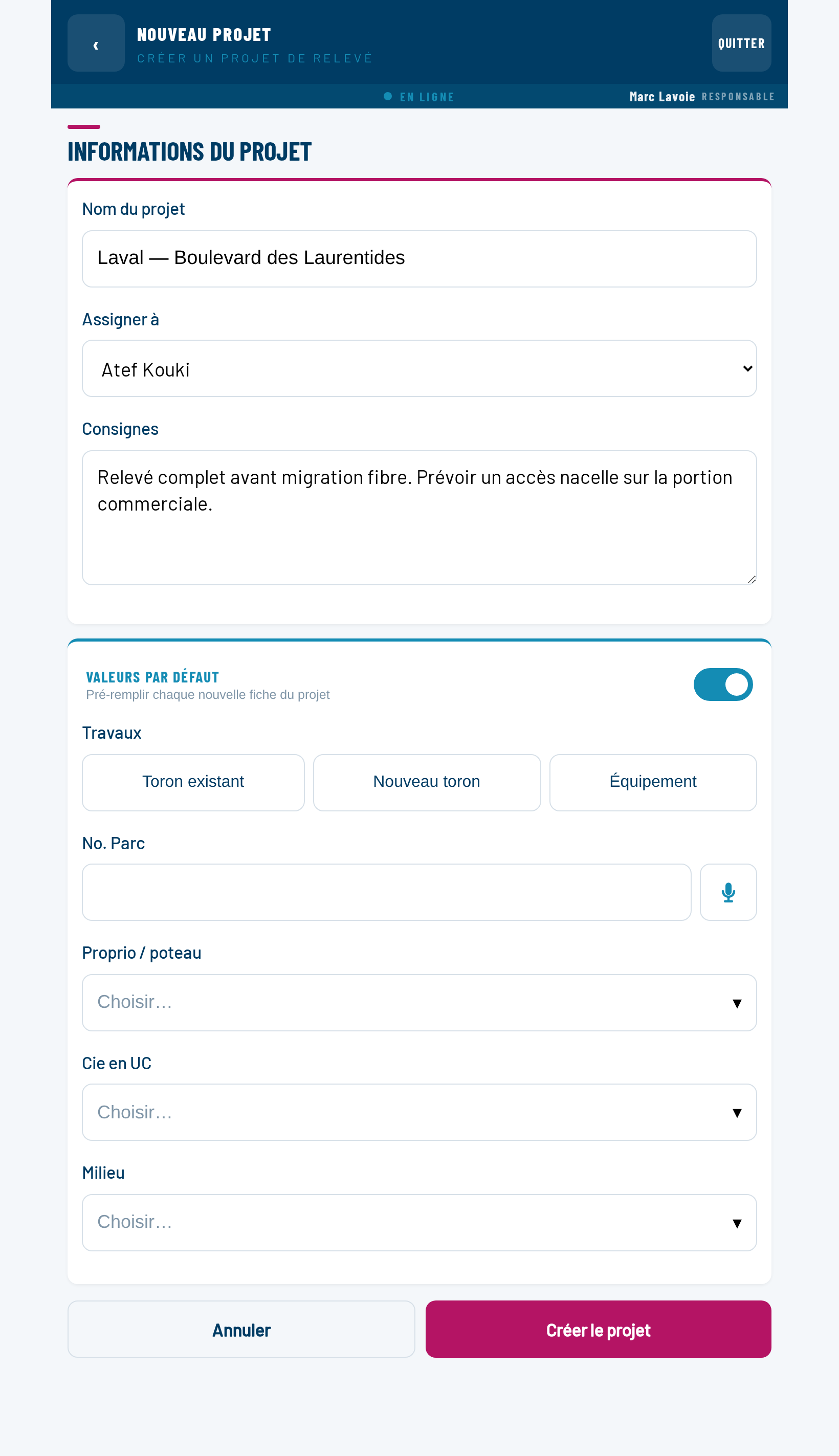 Écran Nouveau projet : nom du projet, menu Assigner à, zone de texte Consignes, et le bloc dépliable Valeurs par défaut.
